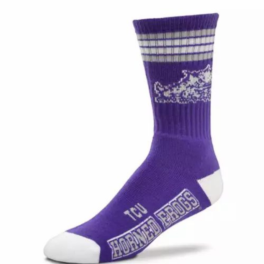 College * | For Bare Feet Kids' Tcu Horned Frogs 4 Stripe Deuce Crew Socks Purple