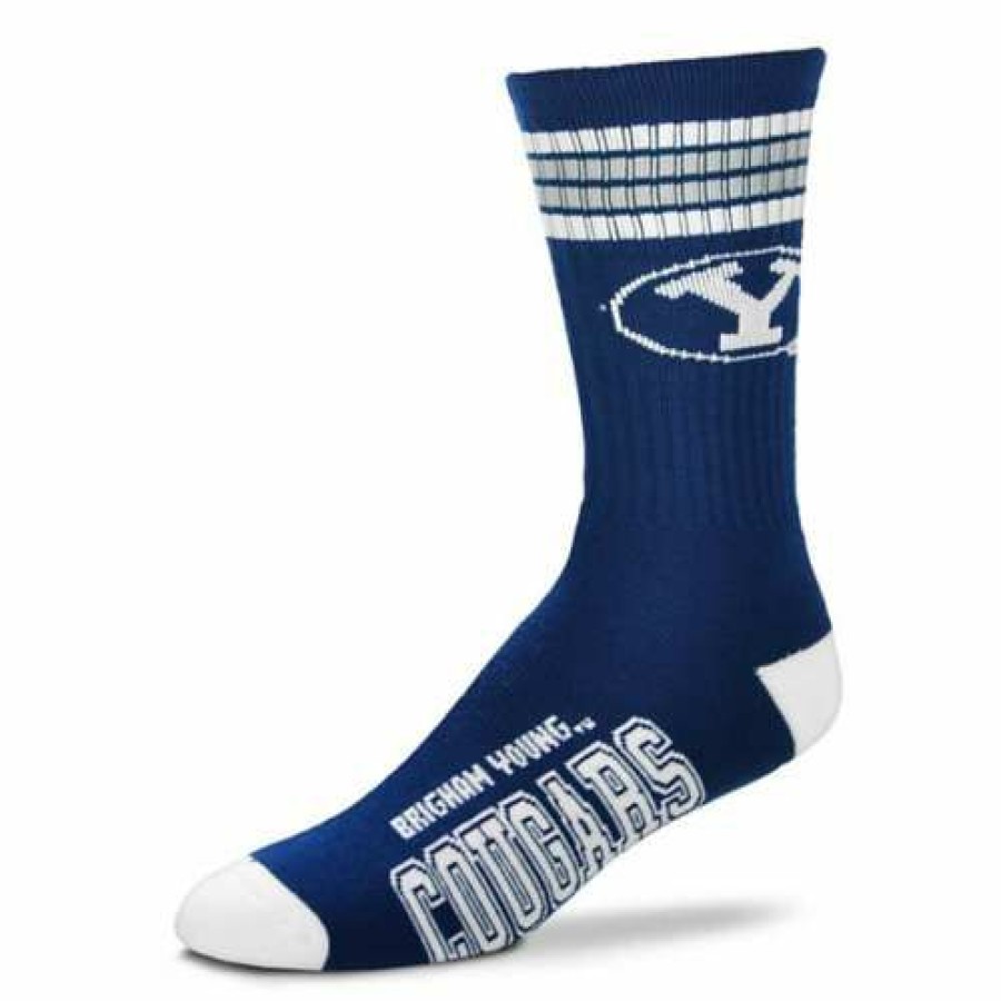 College * | For Bare Feet Byu Cougars 4 Stripe Deuce Crew Socks Blue