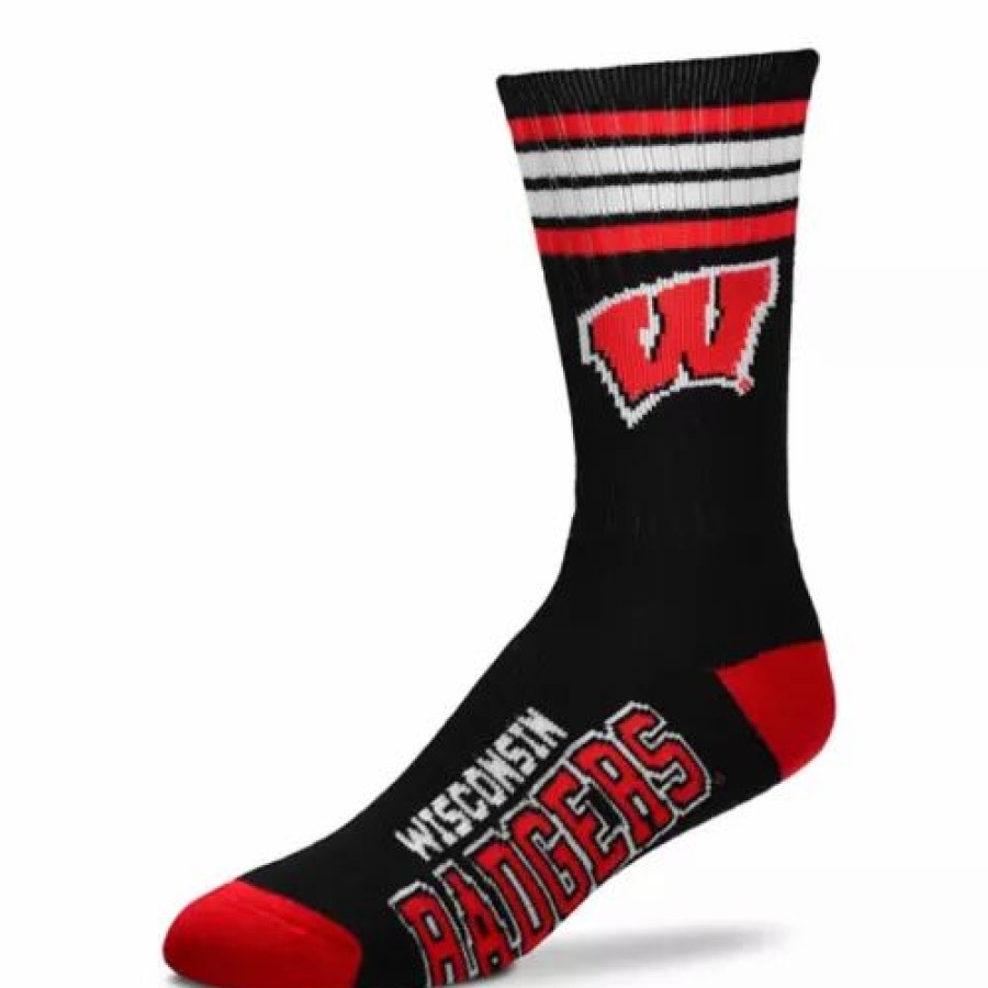 College * | For Bare Feet Wisconsin Badgers 4 Stripe Crew Socks Black