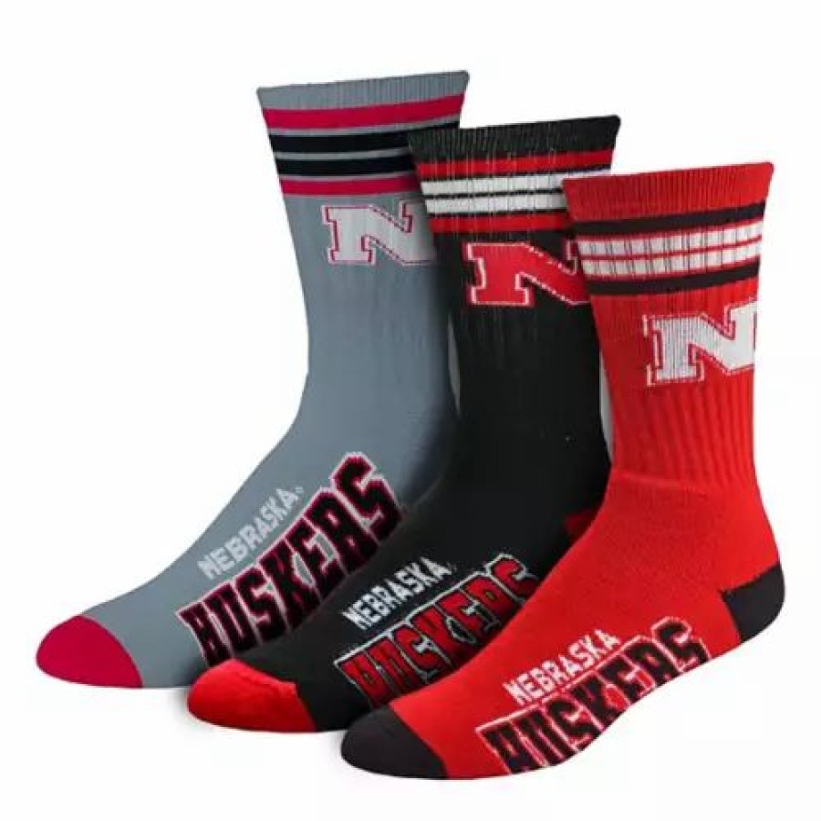 College * | For Bare Feet Nebraska Cornhuskers 4 Stripe Deuce 3 Pack Crew Socks Red/Black