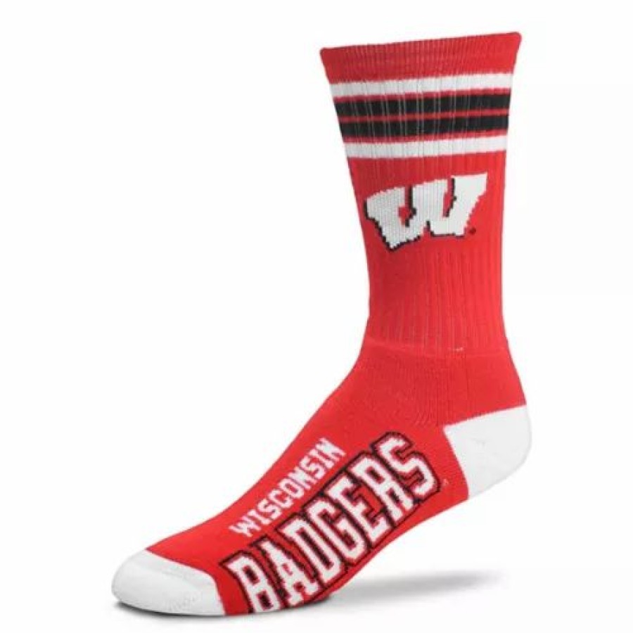 College * | For Bare Feet Kids' Wisconsin Badgers 4 Stripe Deuce Crew Socks Red