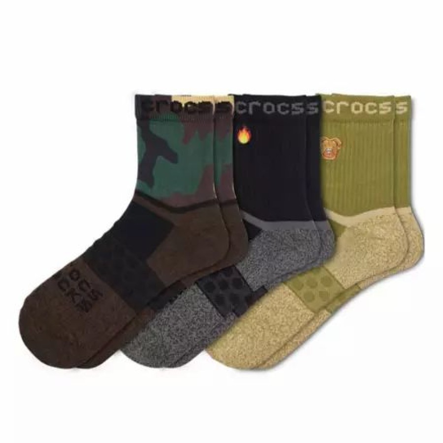 Clothing * | Adult Crocs Gaphic Quarter 3 Pack Crew Socks Black Camo