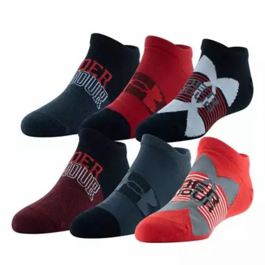 Clothing * | Boys' Under Armour Essential Lite No Show 6 Pack Ankle Socks Red/Pitch Gray/Black