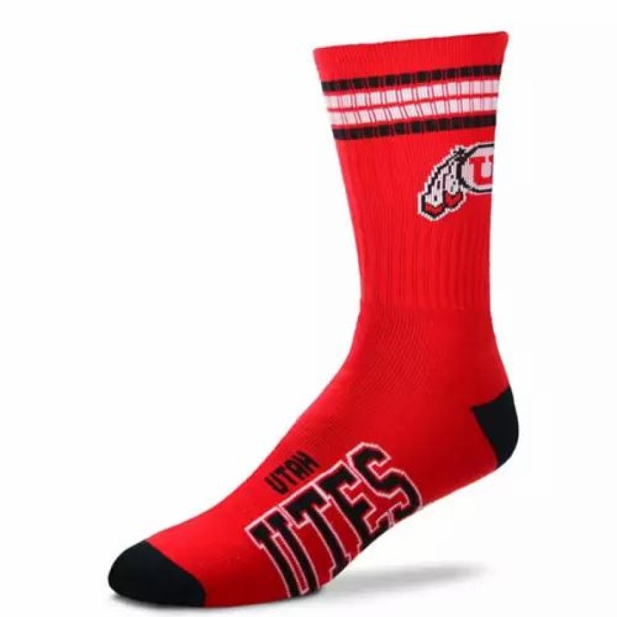 College * | For Bare Feet Kids' Utah Utes 4 Stripe Deuce Crew Socks Red